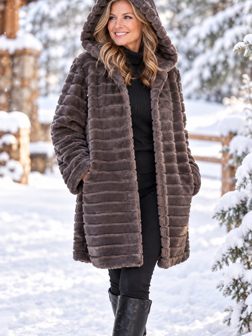 Plush Hooded Faux-Fur Coat in Chocolate Brown